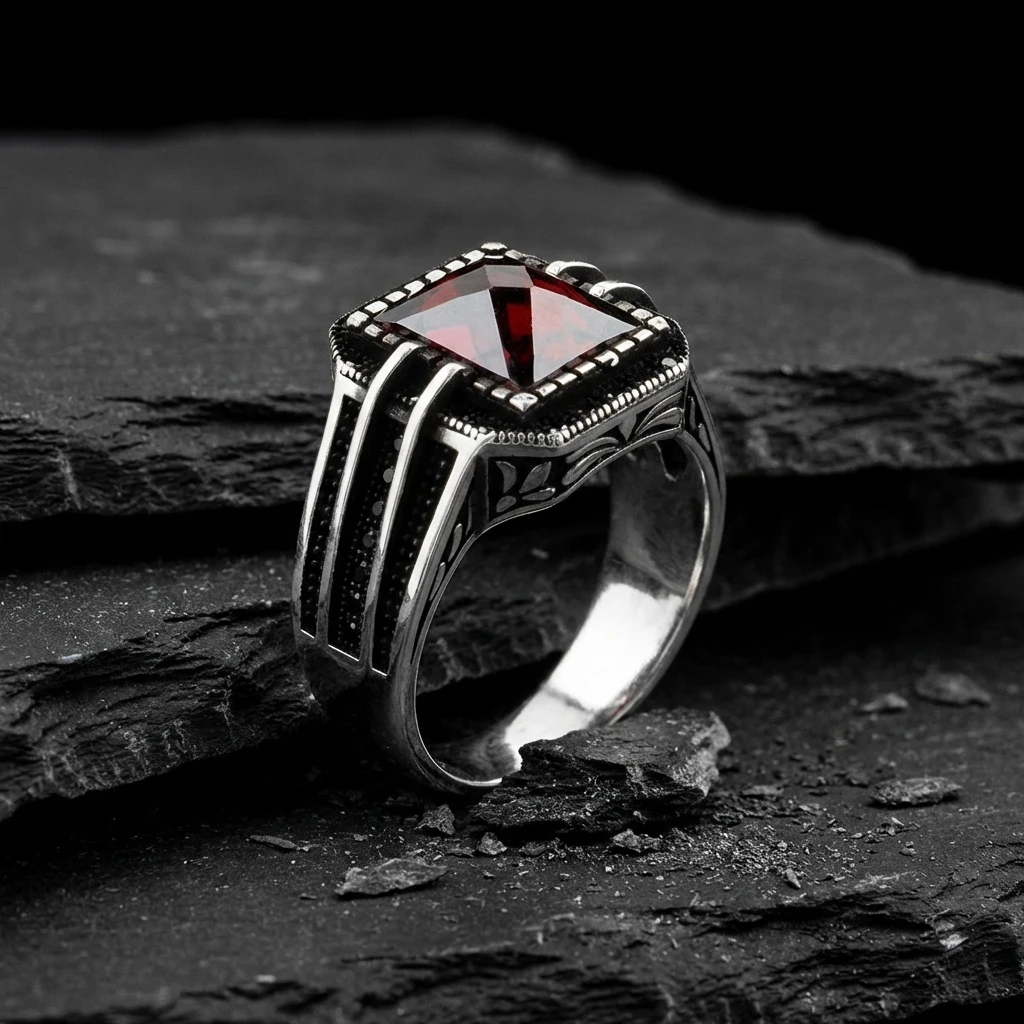 Dikdörtgen Faset Kasa Çizgi Tasarım Mikro Taş Gümüş Erkek Yüzüğü