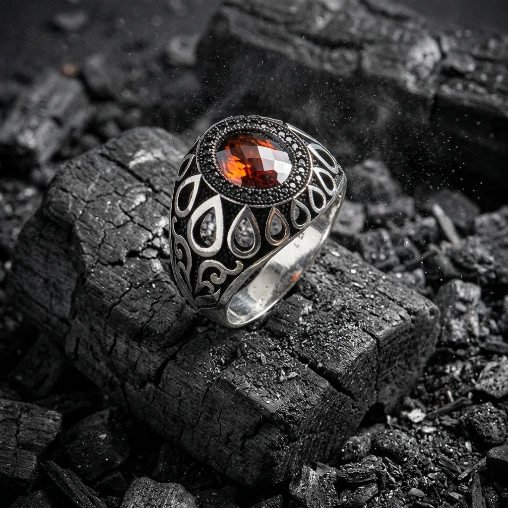 Yuvarlak Faset Damla Tasarım Mikro Taş Gümüş Erkek Yüzüğü