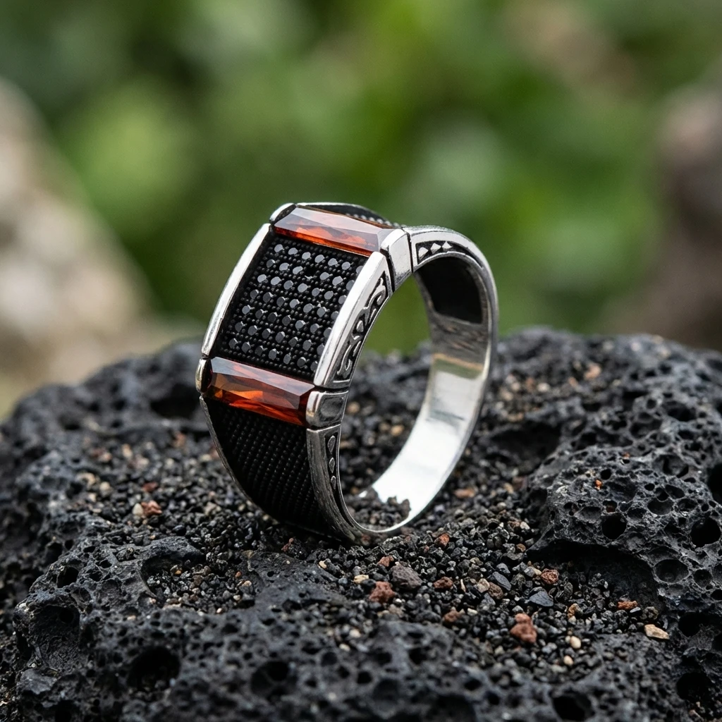 Mikro Taşlı ve Yanları Kızıl Baget Gümüş Yüzük