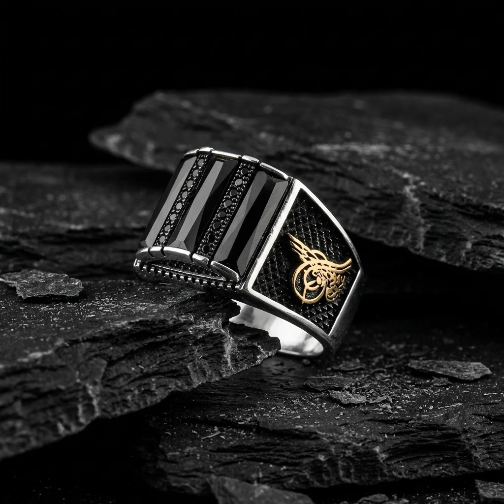 Osmanlı Tuğralı Üçlü Baget Taşlı Gümüş Yüzük