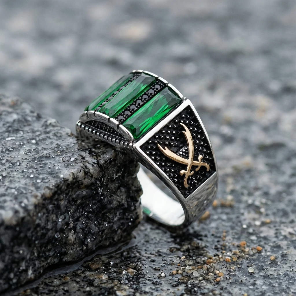 Zülfikar Kılıcı İşlemeli Üçlü Baget Taşlı Gümüş Yüzük