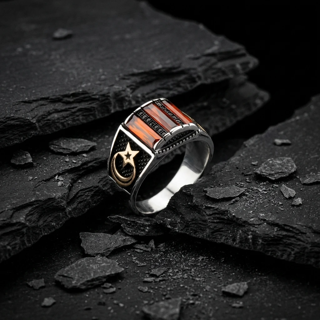 Ay Yıldız İşlemeli Üçlü Baget Taşlı Gümüş Yüzük