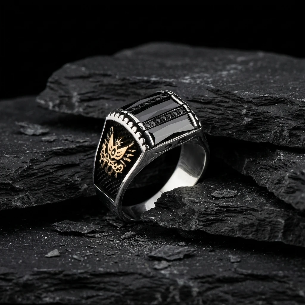 Osmanlı Armalı Üçlü Baget Taşlı Gümüş Yüzük