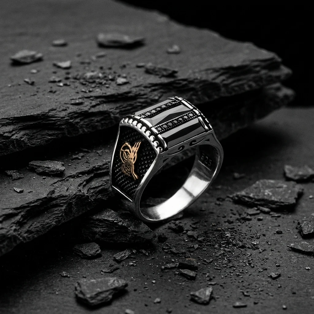 Osmanlı Tuğralı Üçlü Baget Taşlı Gümüş Yüzük