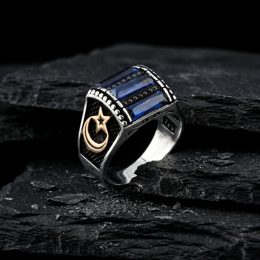 Ay Yıldız İşlemeli Baget Taşlı Gümüş Yüzük