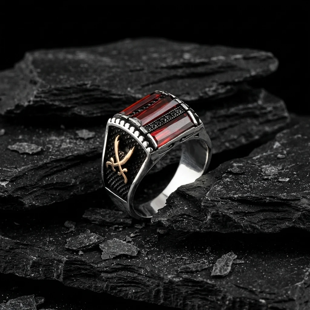 Zülfikar Kılıcı İşlemeli Üçlü Baget Taşlı Gümüş Yüzük