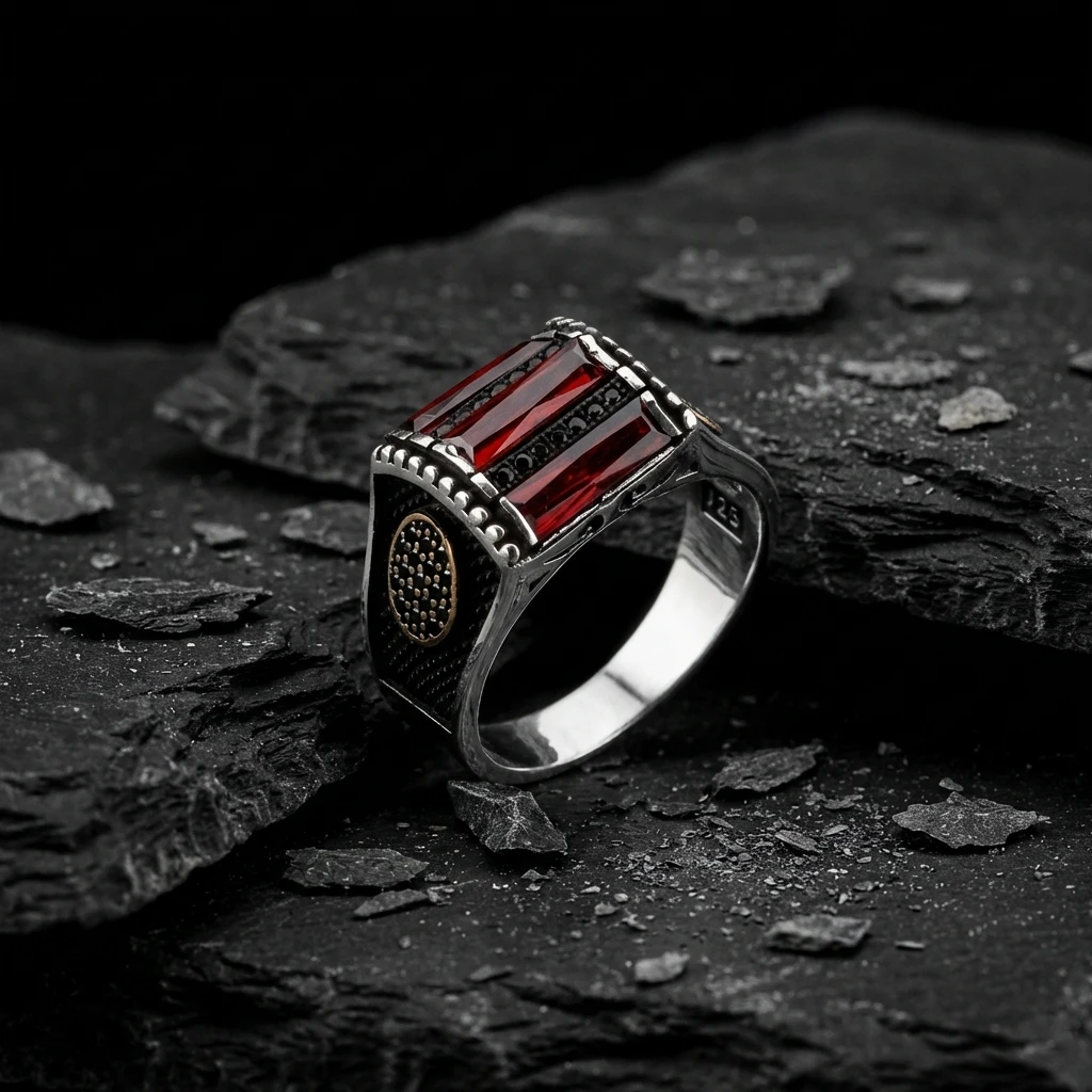 Üçlü Baget Taşlı Altın Detaylı Gümüş Yüzük