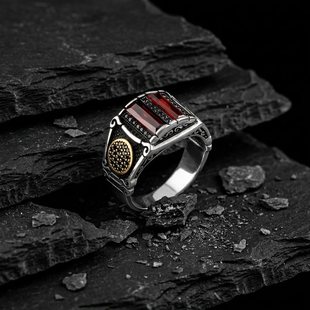 İkili Baget Taşlı Altın Detaylı Gümüş Yüzük