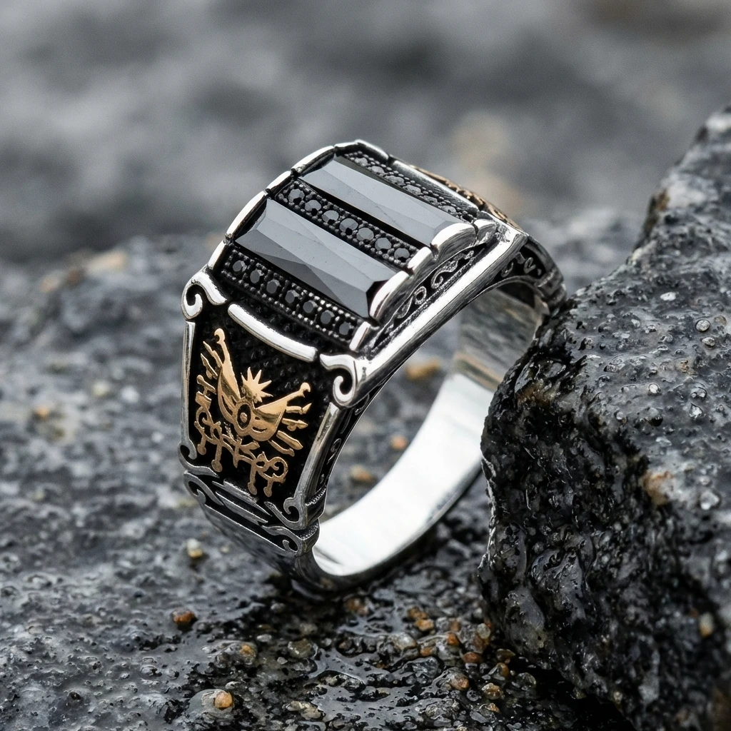 Osmanlı Motifli Üçlü Baget Taşlı Gümüş Yüzük