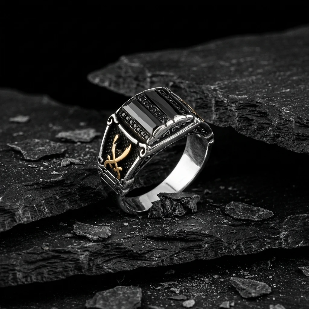 Zülfikar Kılıcı İşlemeli İkili Baget Taşlı Gümüş Yüzük