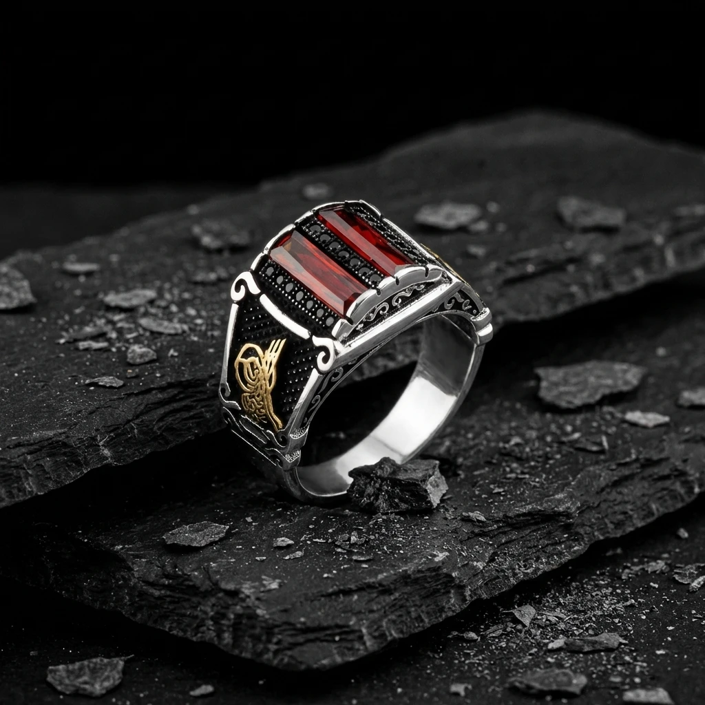 Osmanlı Tuğrası İşlemeli İkili Baget Taşlı Gümüş Yüzük