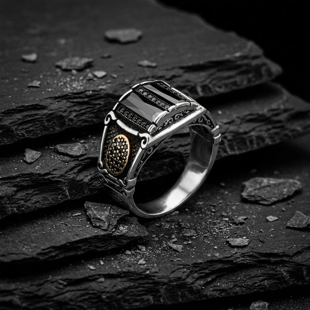 İkili Baget Taşlı Altın Detaylı Gümüş Yüzük