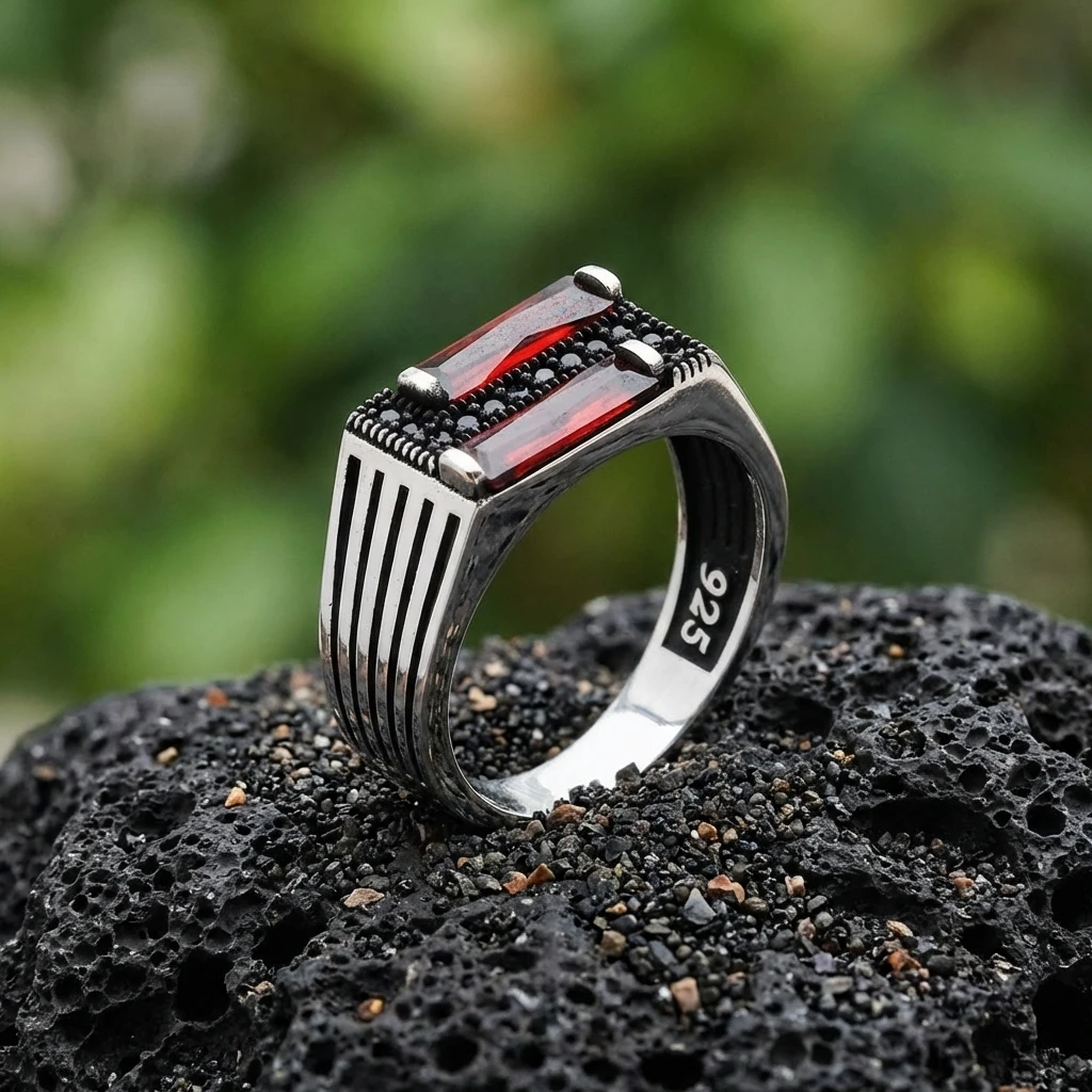 Osmanlı Motifli İkili Baget Taşlı Gümüş Yüzük