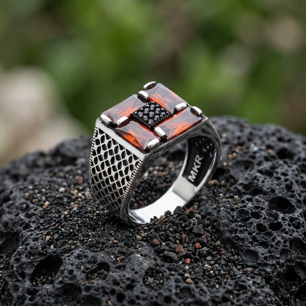 Dörtlü Baget Taşlı Petek Desenli Gümüş Yüzük