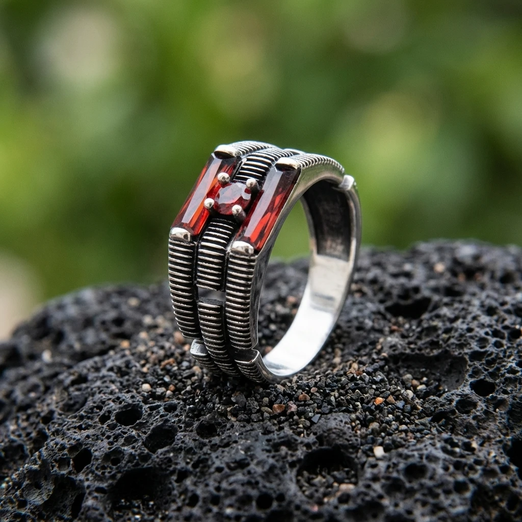 Yatay Çizgi Desenli Üçlü Taşlı Gümüş Yüzük