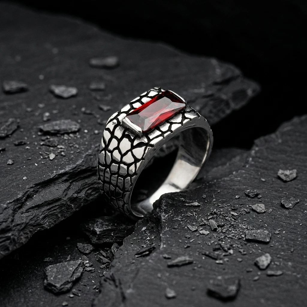 Baget Taşlı Deri Desenli Gümüş Yüzük