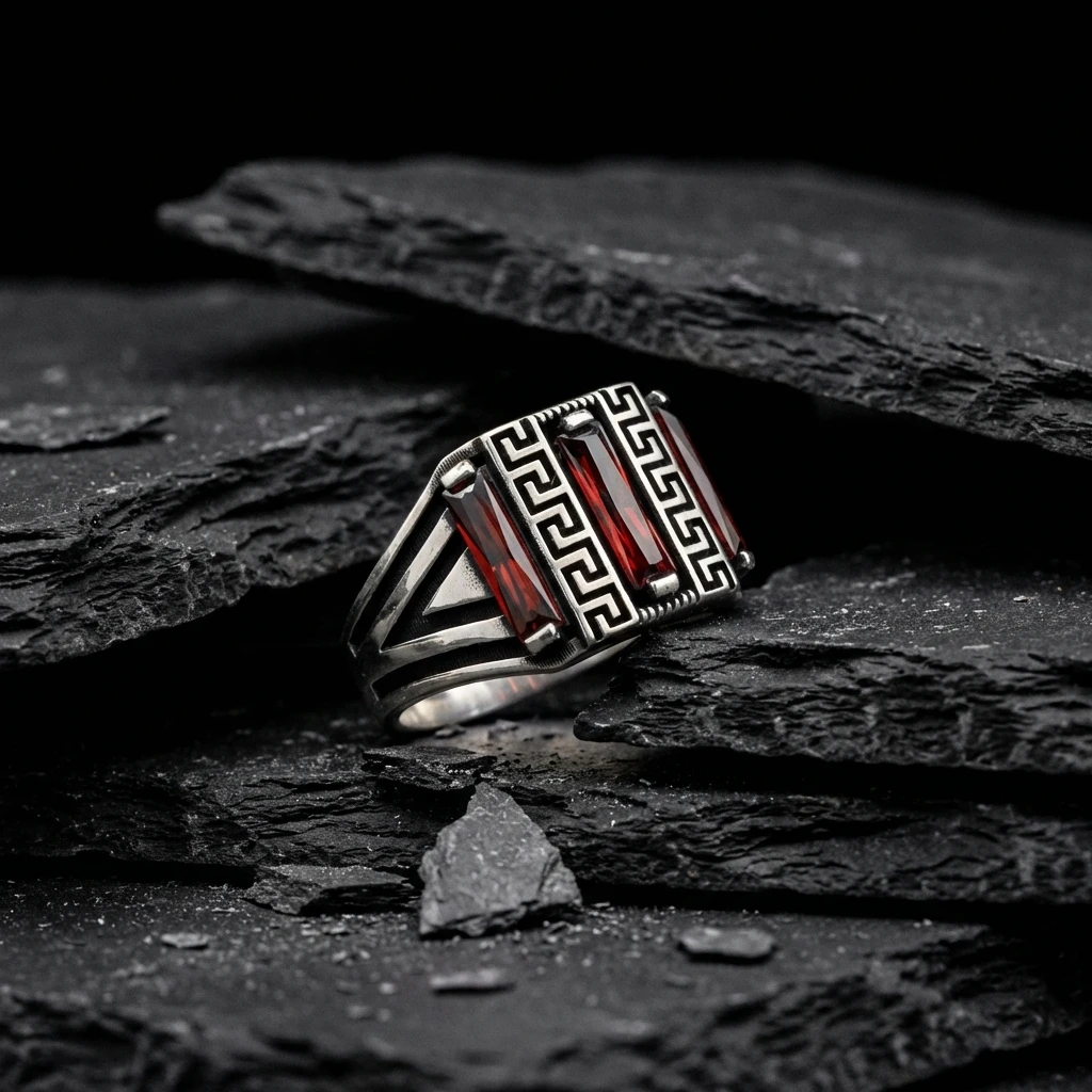 Grek Desenli ve Üçgen Detaylı Üçlü Baget Taşlı Yüzük