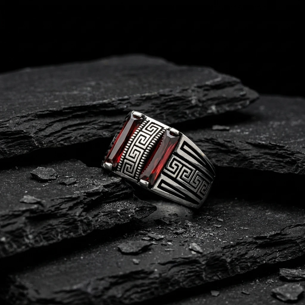 Grek Desenli İki Taşlı Baget Yüzük