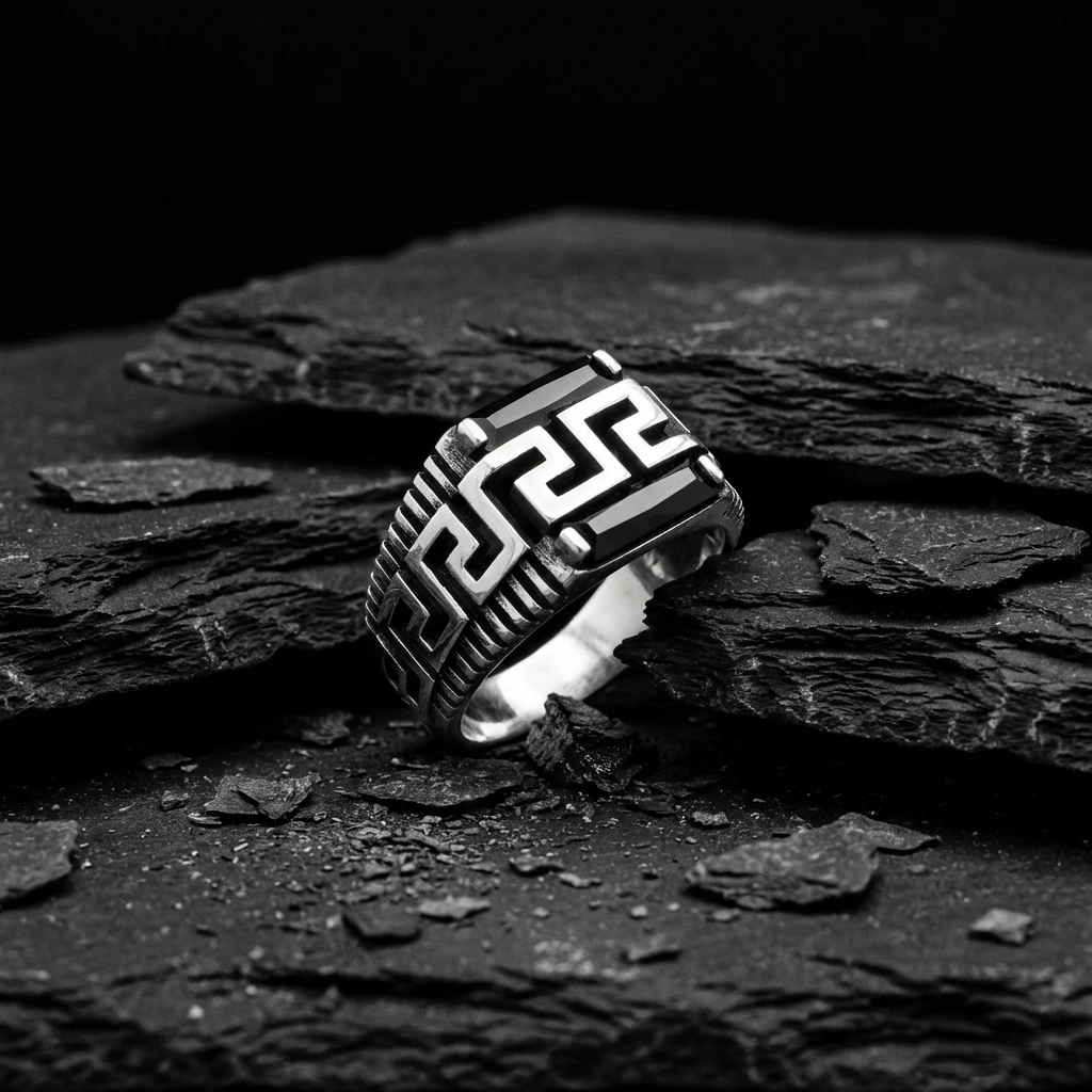 Grek Desenli ve Çizgi İşlemeli İki Taşlı Baget Yüzük