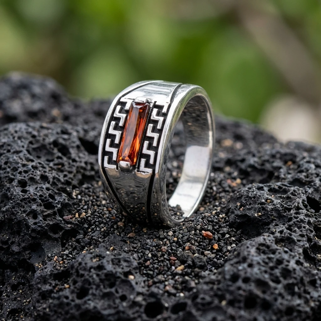 Grek İşlemeli Tek Baget Taşlı Yüzük