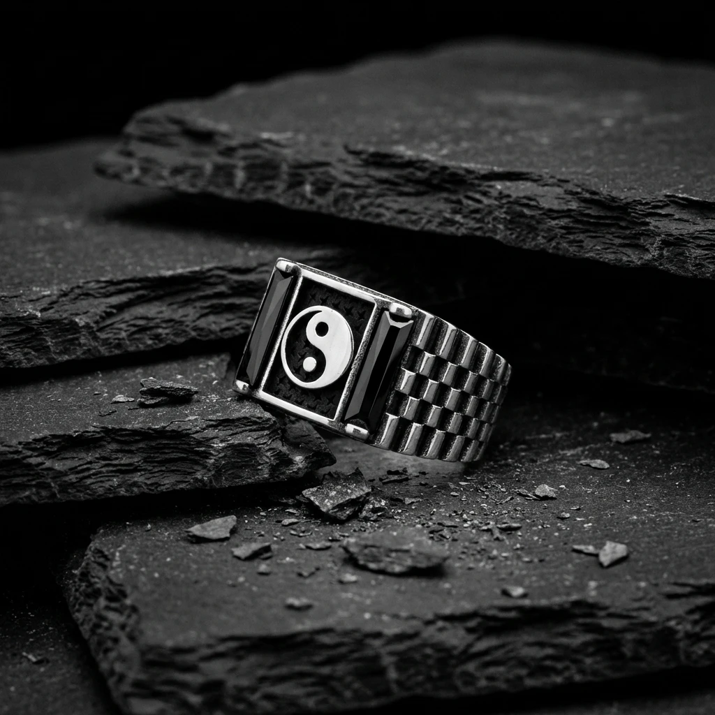 Yin Yang Sembollü ve Saat Kordonu Desenli Yüzük