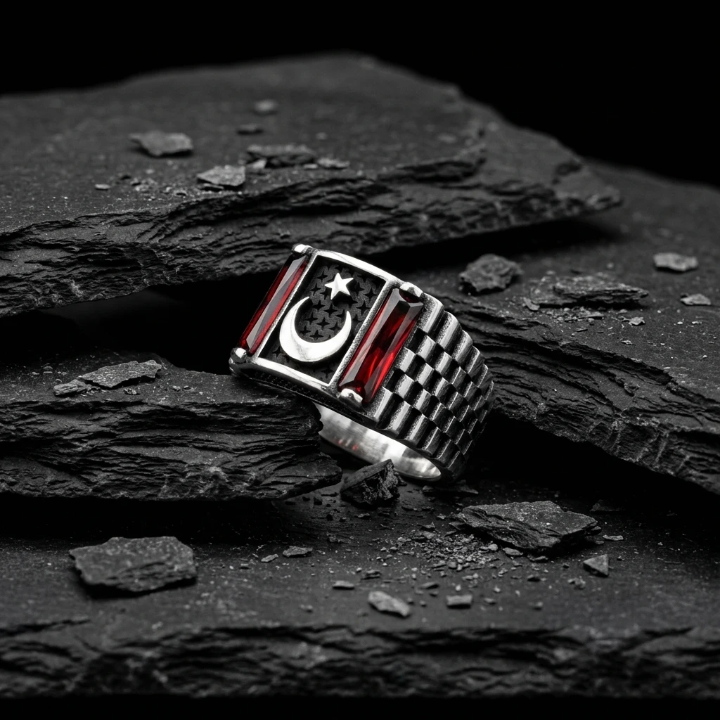 Ay Yıldız İşlemeli ve Çift Baget Taşlı Yüzüğü