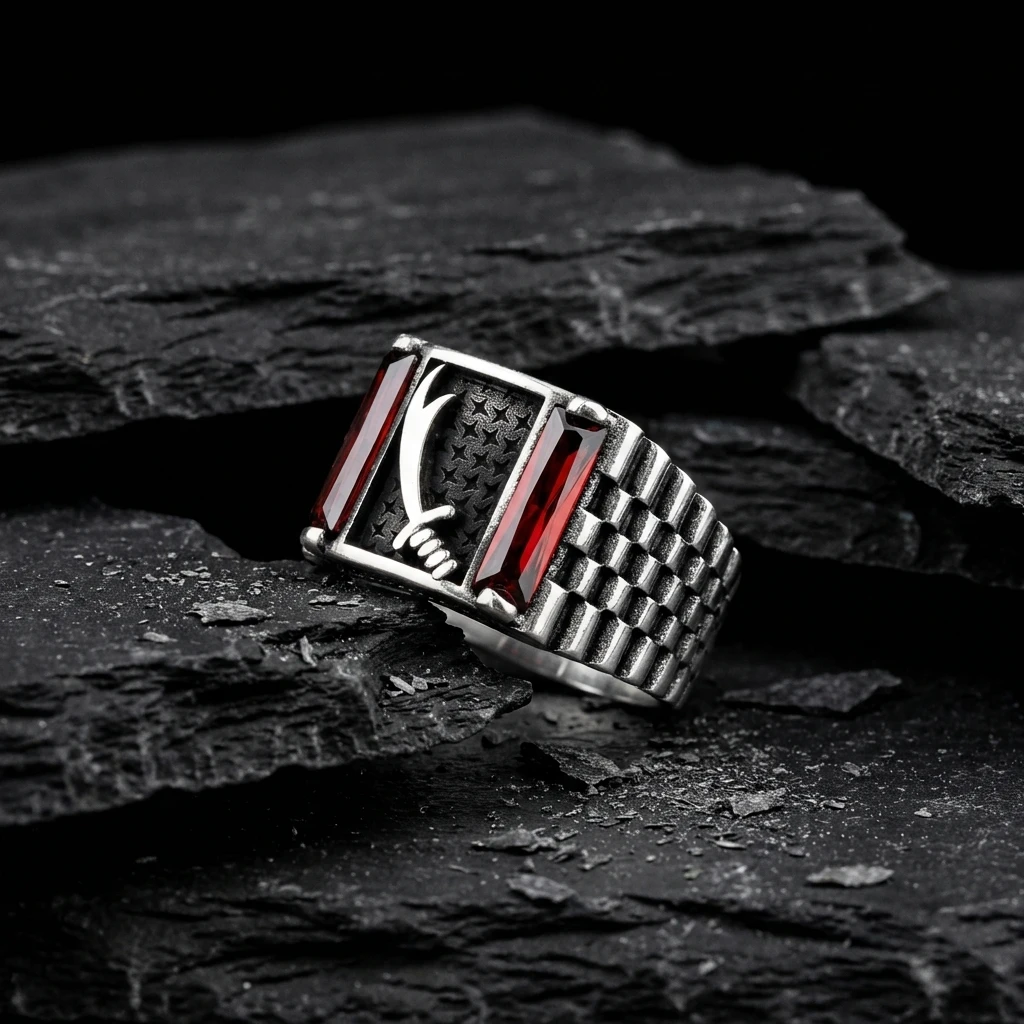 Zülfikar Kılıcı İşlemeli ve Çift Baget Taşlı Yüzüğü