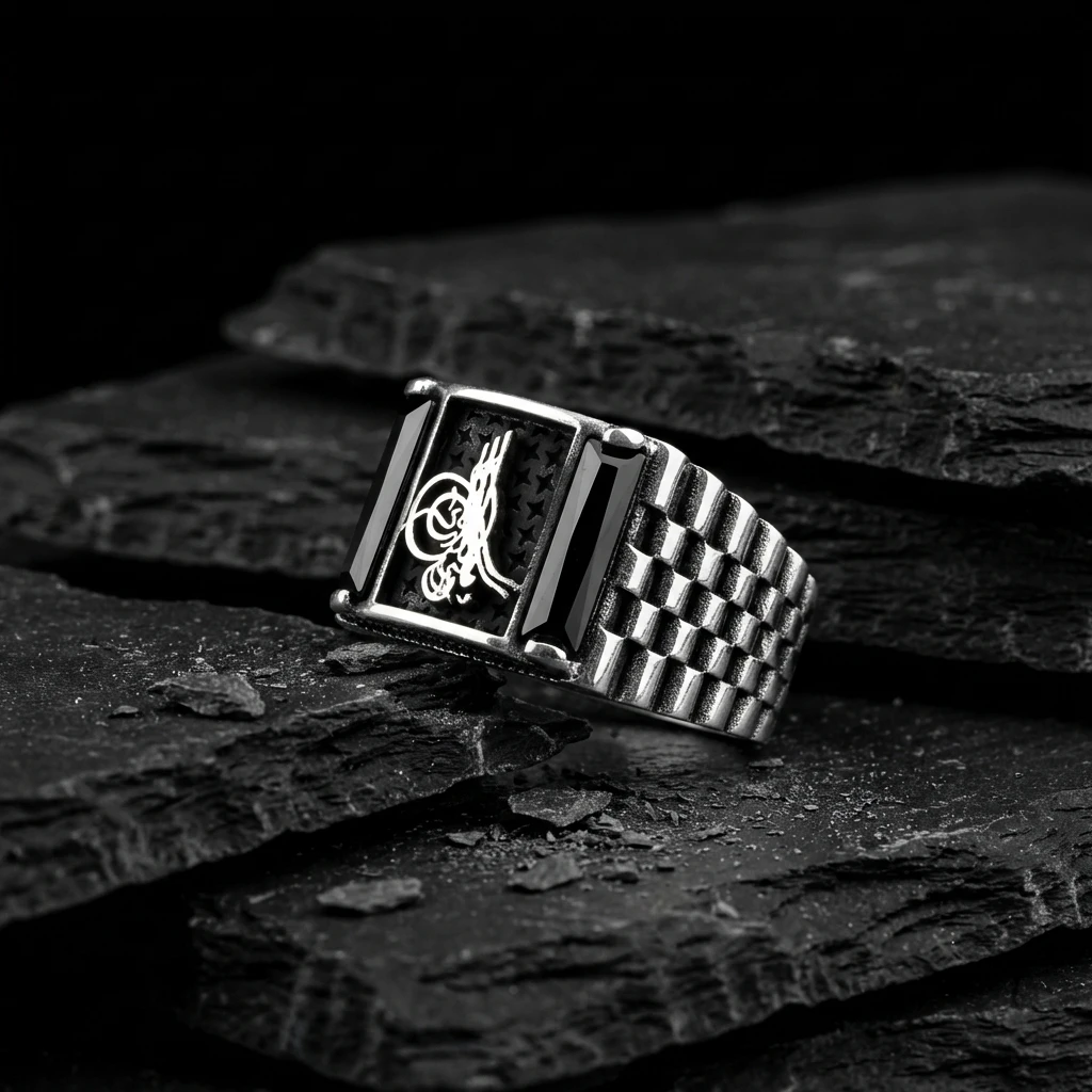 Osmanlı Tuğrası İşlemeli ve Çift Baget Taşlı Yüzük