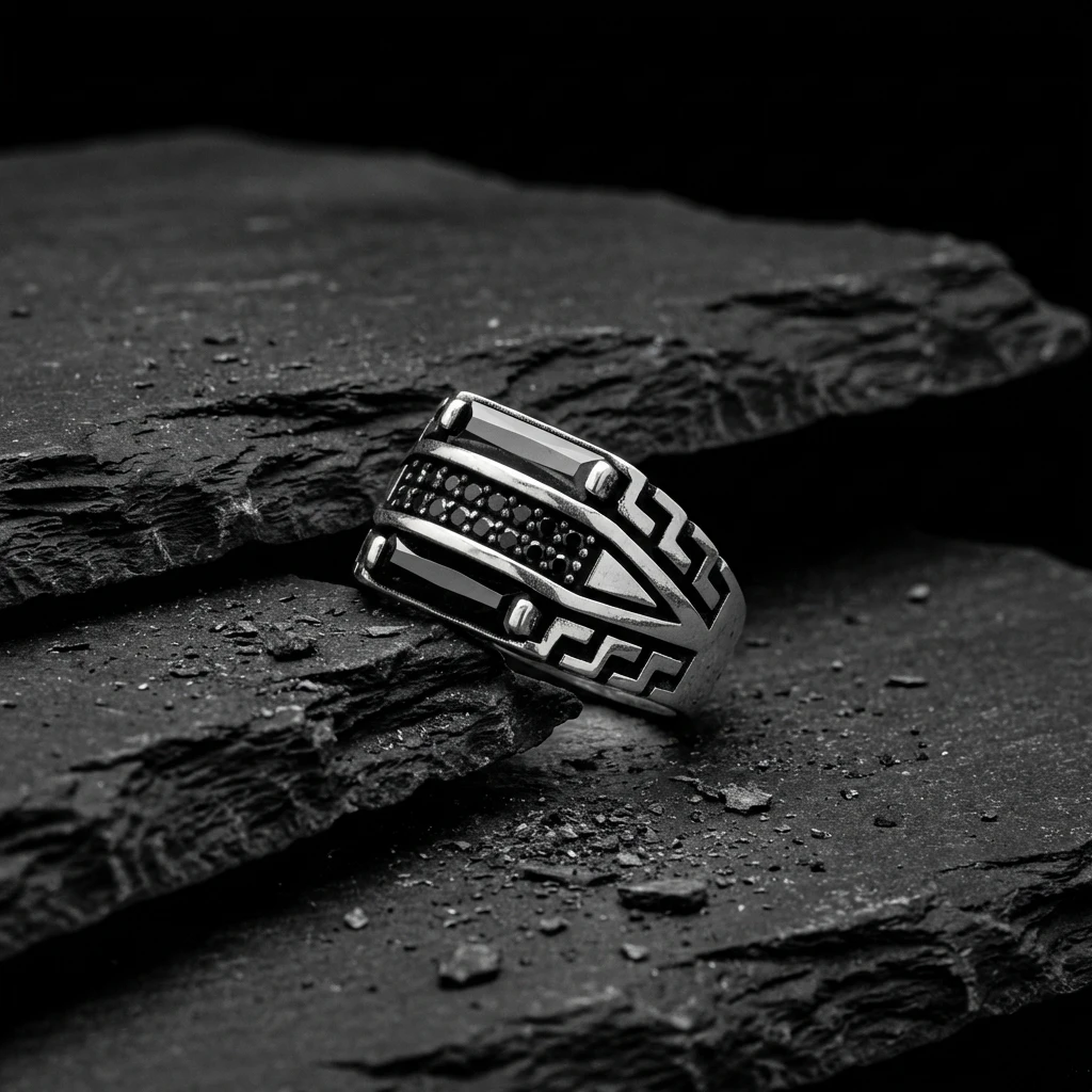 Grek Desenli ve Mikro Taş Şeritli Baget Yüzük