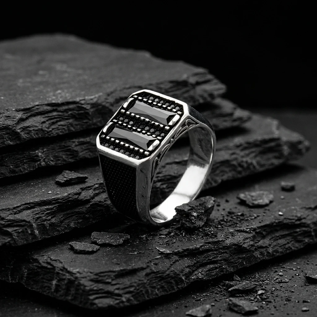 Kare Kasa Baget Tasarım Mikro Taş Gümüş Yüzük