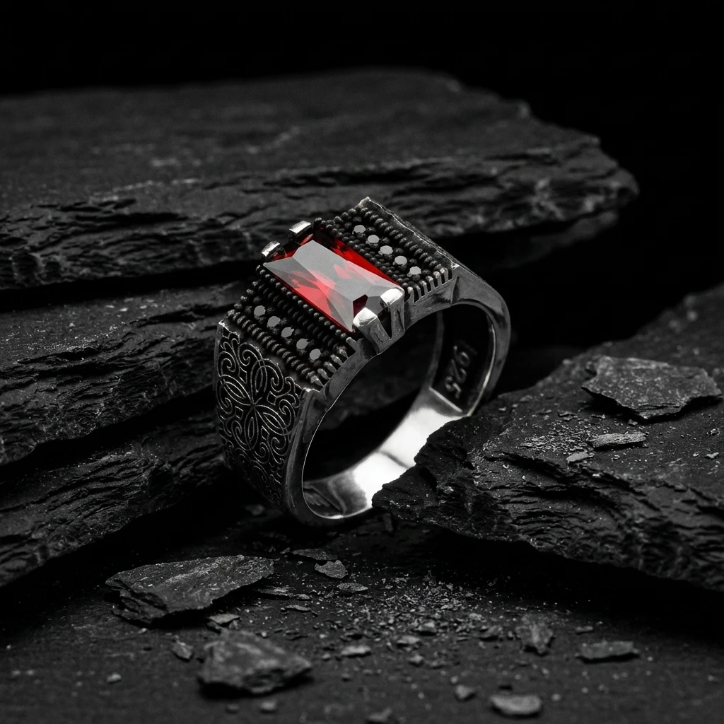 Kalemkar Desenli Baget Taşlı Gümüş Yüzük