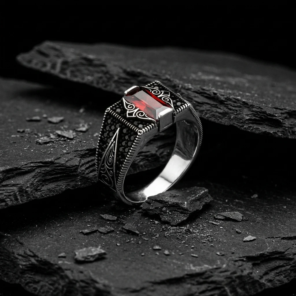 Barok İşlemeli Baget Taşlı Gümüş Yüzük