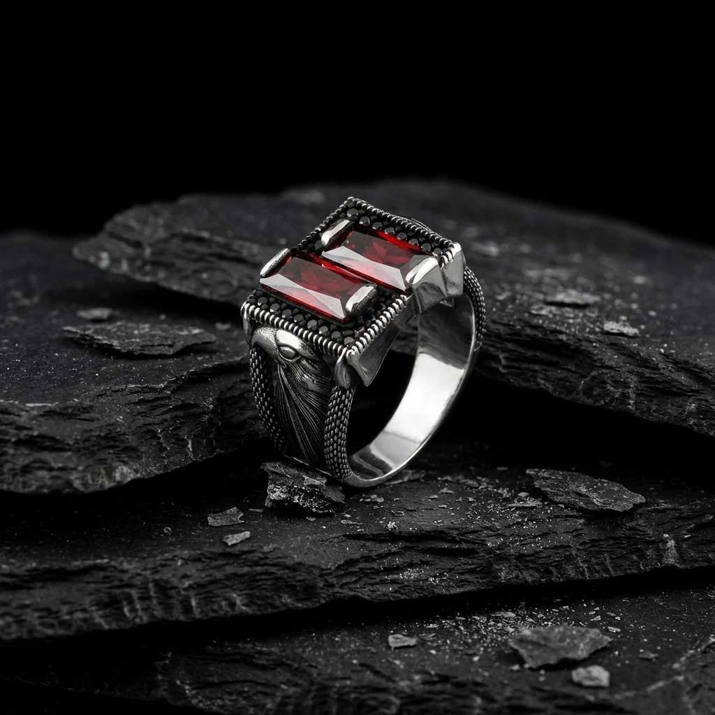 Kartal Figürlü Çift Baget Taşlı Gümüş Yüzük