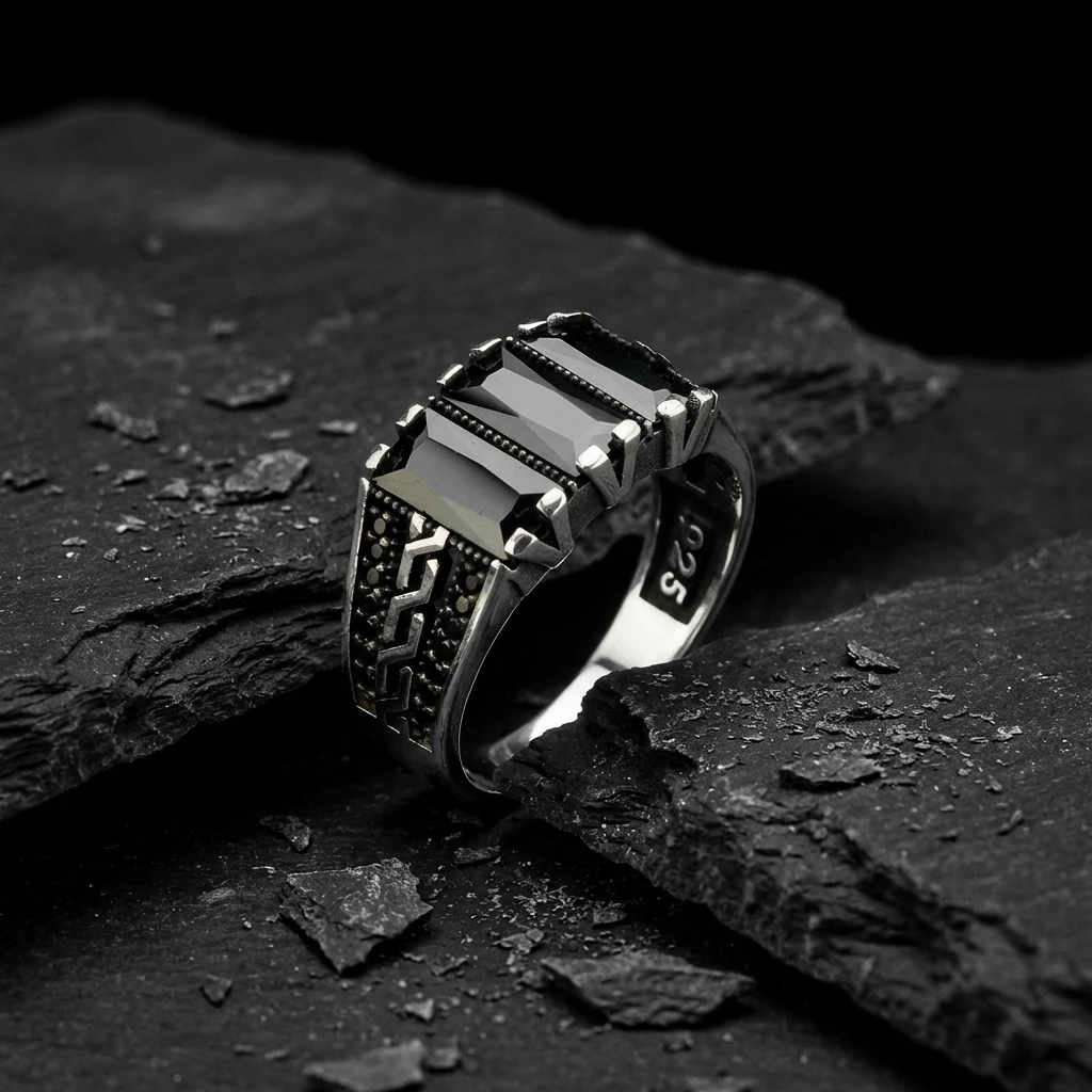 Üçlü Baget Taşlı Labirent Desenli Gümüş Yüzük