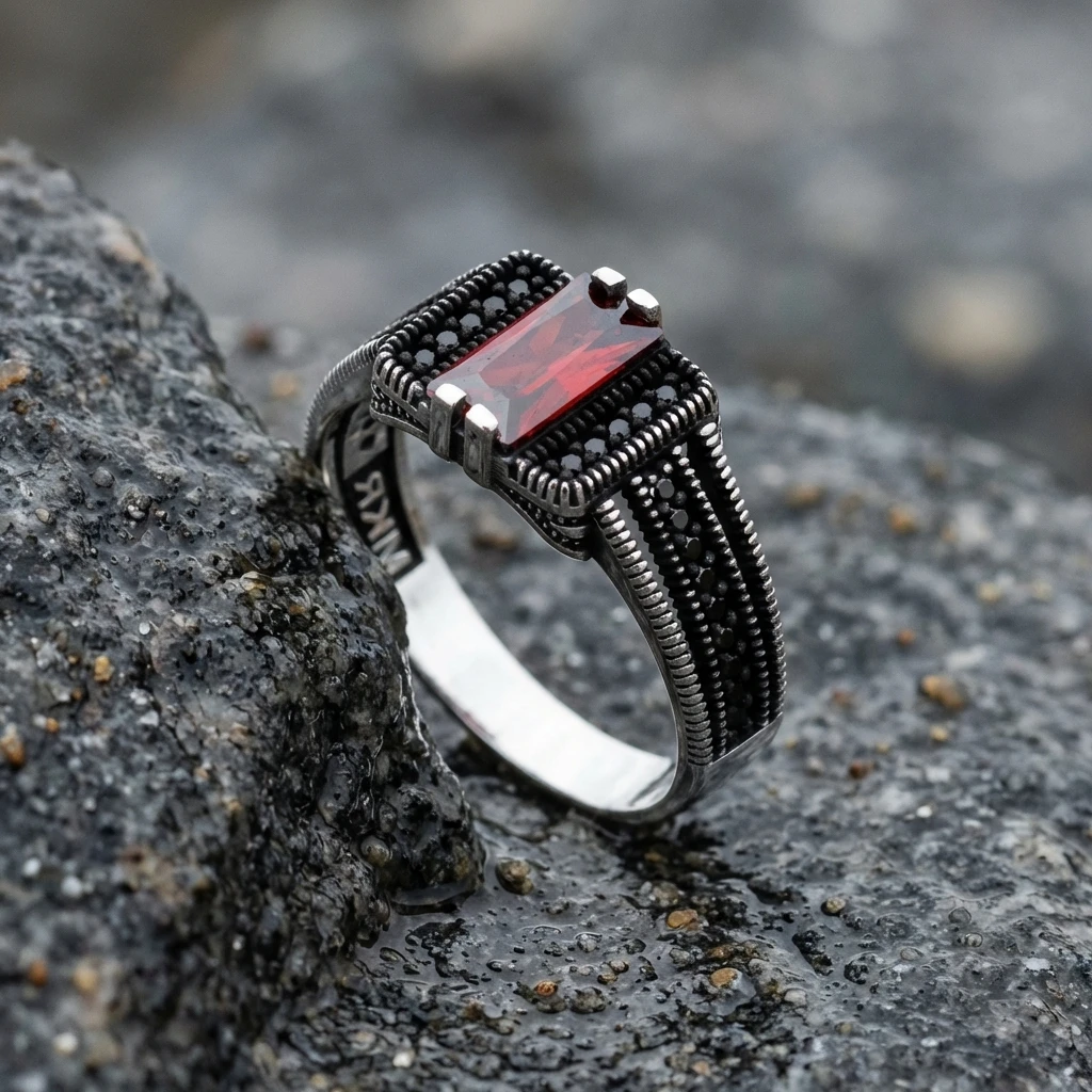 Siyah Mikro Taşlı Baget Taşlı Gümüş Yüzük