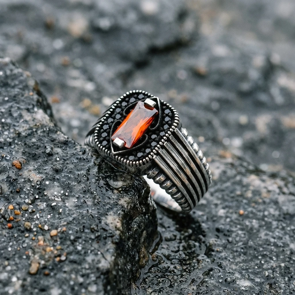 Kalp Motifli Baget Taşlı Gümüş Yüzük