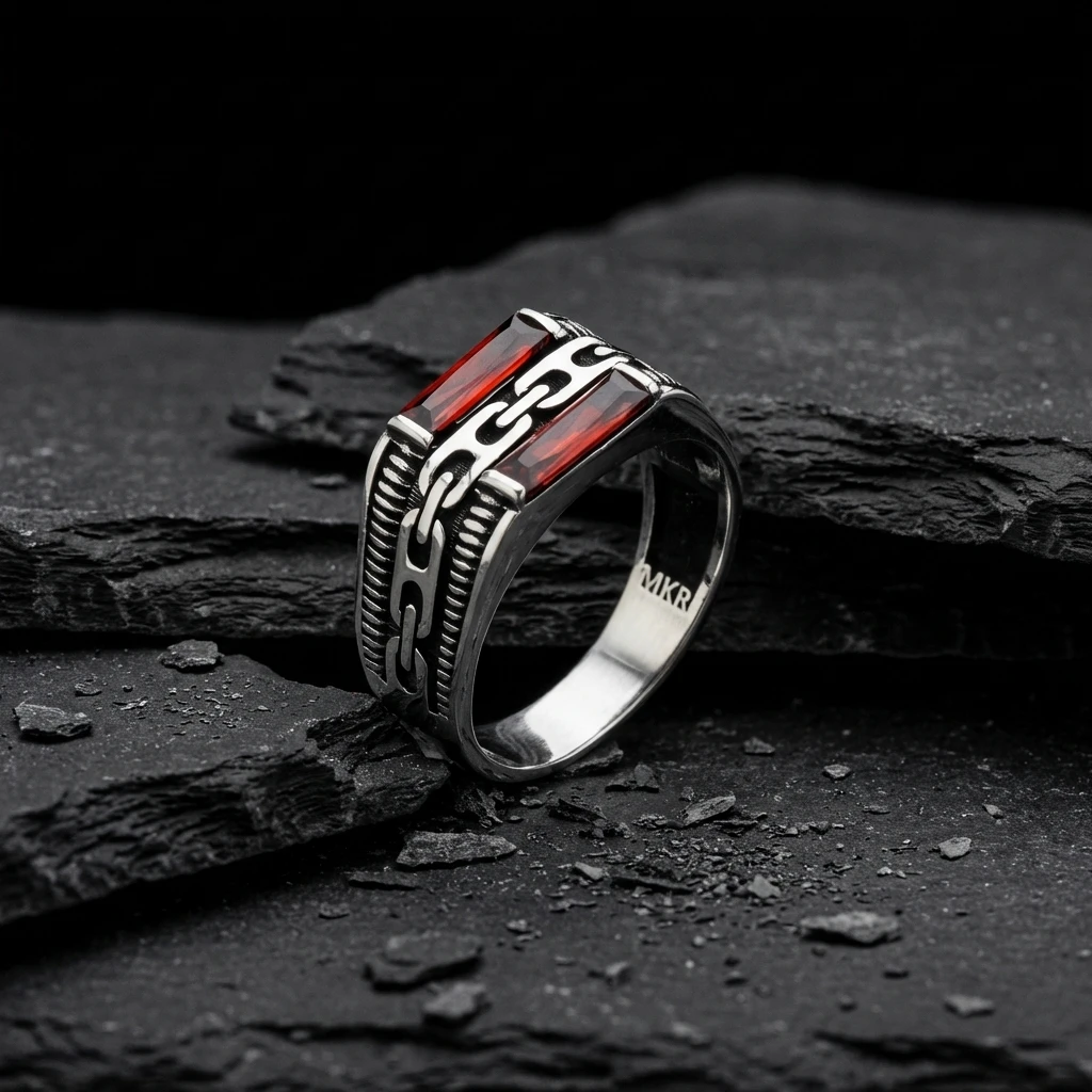 Zincir Desenli İkili Baget Taşlı Gümüş Yüzük