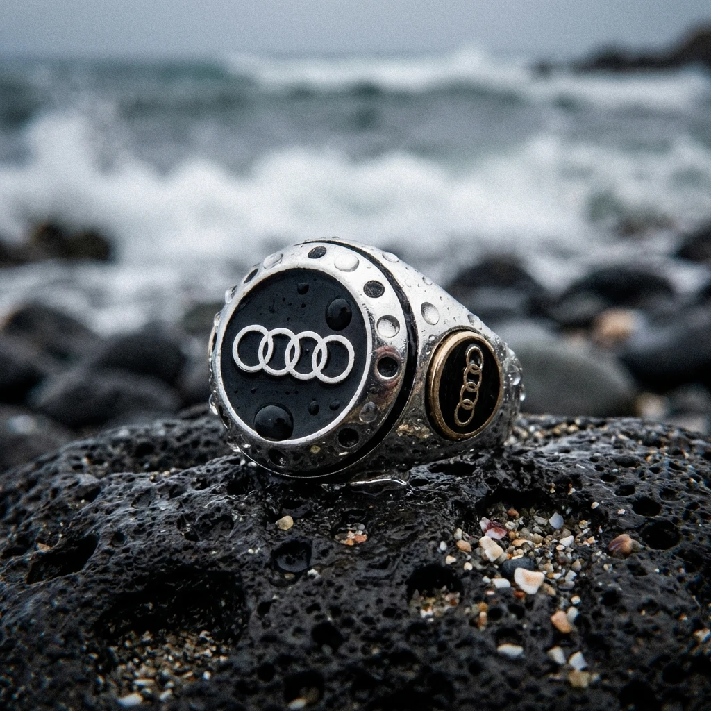 Audi Logolu ve Siyah Mineli Erkek Yüzüğü