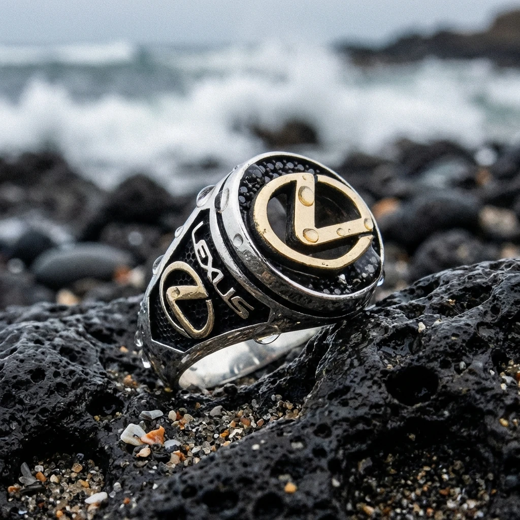 Lexus Logolu ve Siyah Mikro Taşlı Erkek Yüzüğü