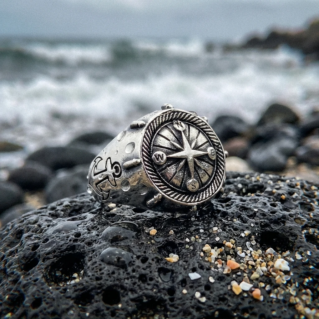 Yuvarlak Pusula Çapa Tasarım Gümüş Erkek Yüzüğü