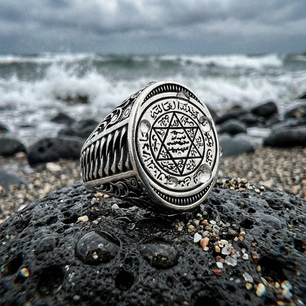 Ayar Gümüş Süleyman Mührü ve Dualı Tılsım Erkek Yüzüğü