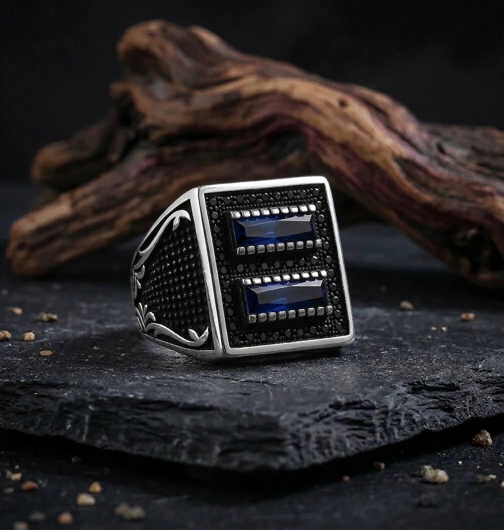 Kare Kasa Baget Tasarım Mikro Taş Gümüş Yüzük