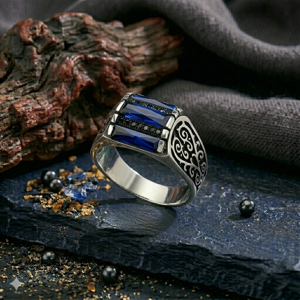 Kare Kasa Üçlü Baget Motifli Tasarım Mikro Taş Gümüş Yüzük