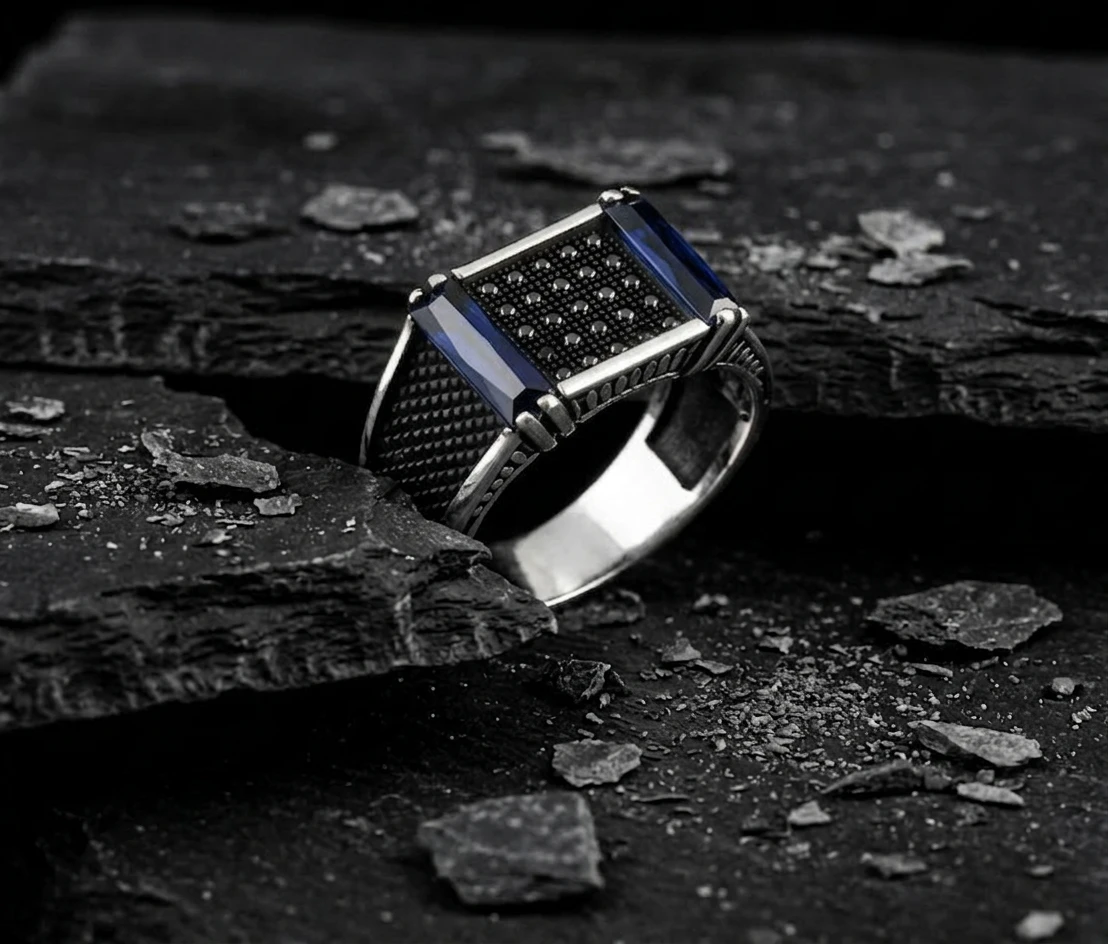 Çift Kızıl Baget Taşlı Gümüş Yüzük