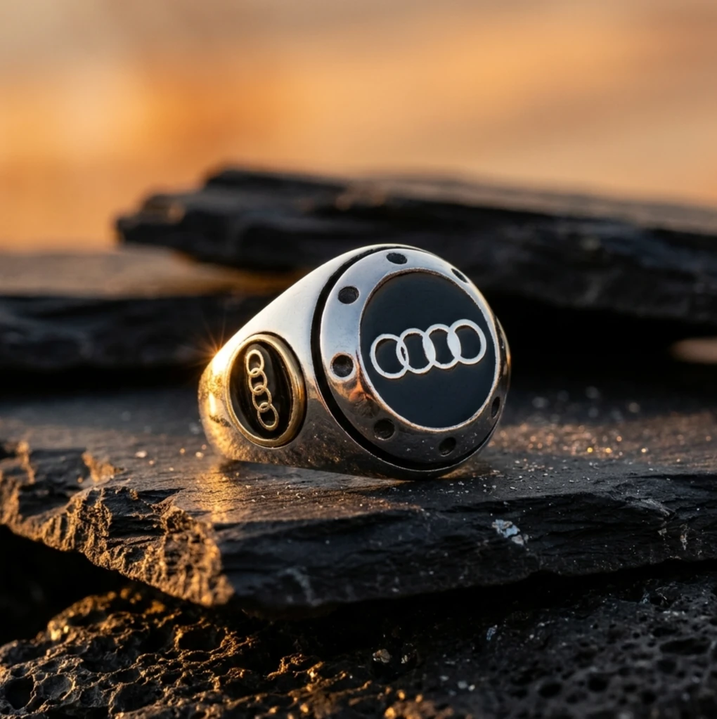 Audi Logolu ve Siyah Mineli Erkek Yüzüğü ürün görseli