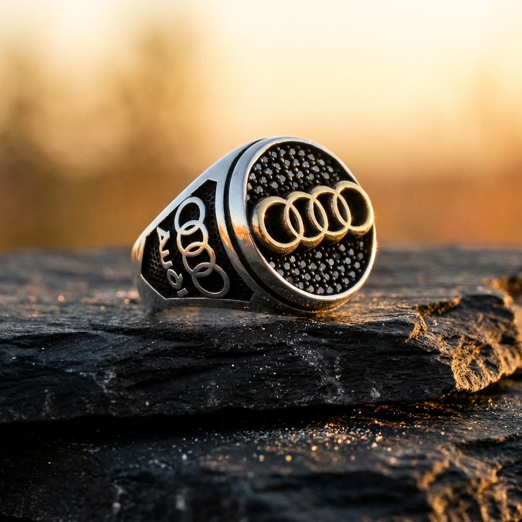 Audi Logolu ve Siyah Mikro Taşlı Erkek Yüzüğü ürün görseli