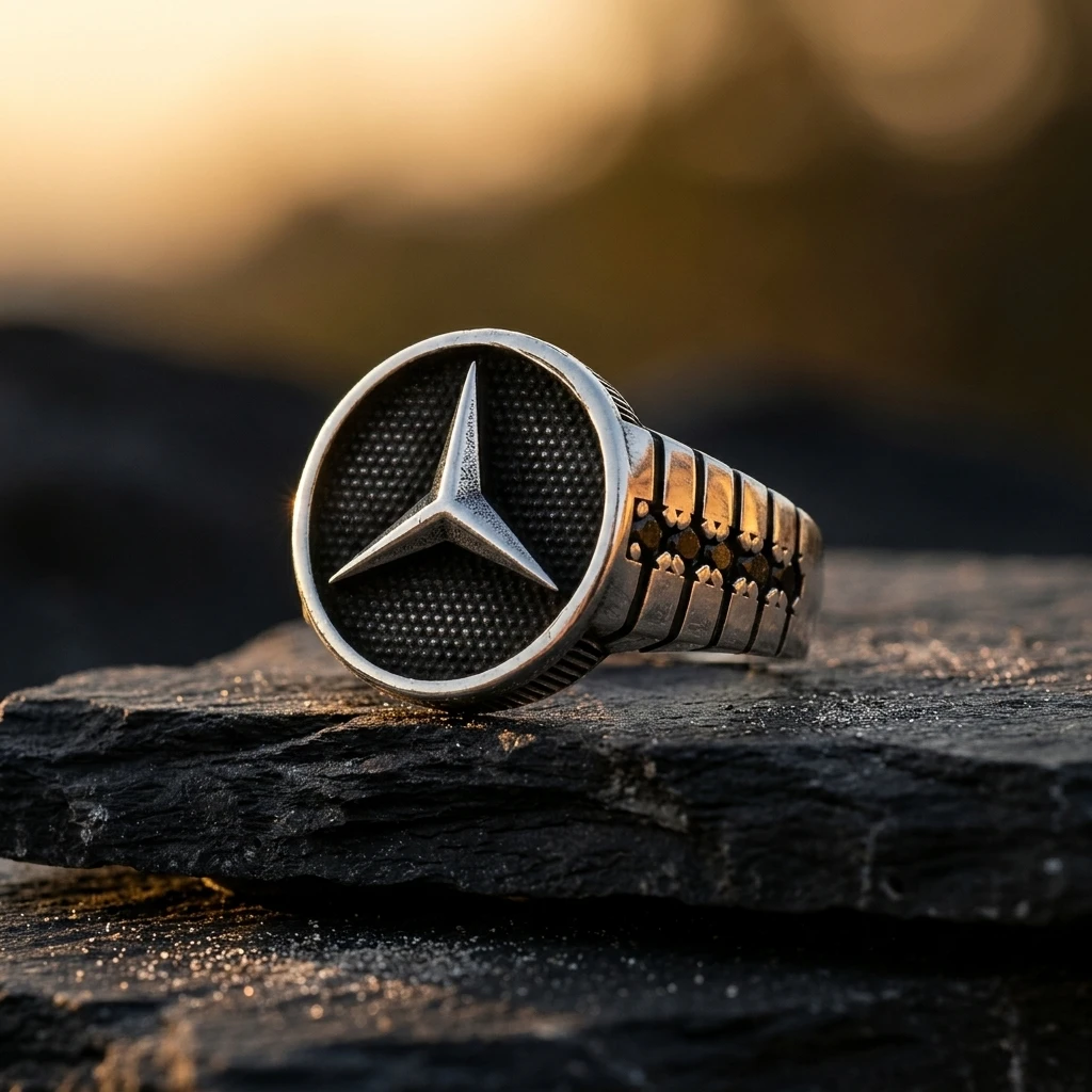 Yanları Siyah Taşlı ve Kademeli Tasarım Mercedes Erkek Yüzüğü ürün görseli