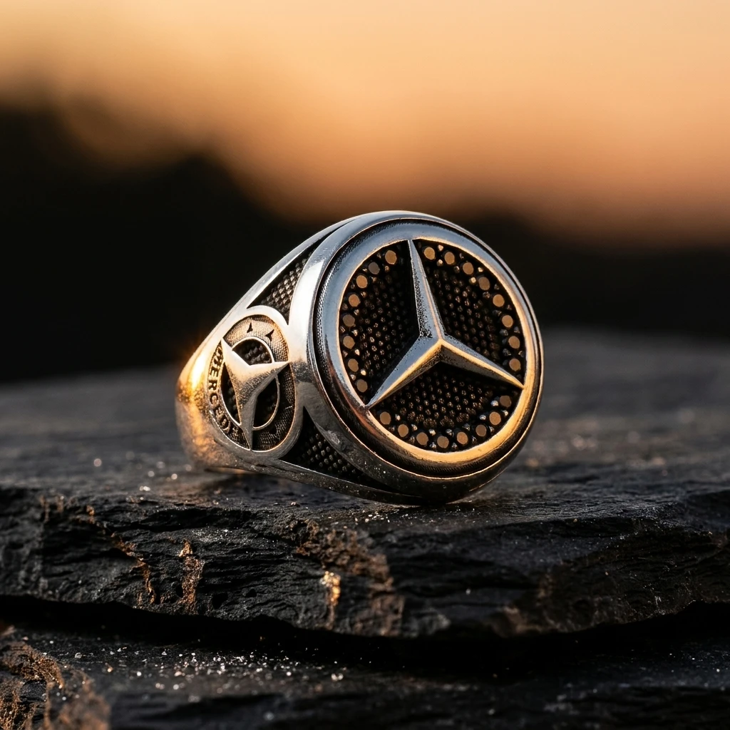 Siyah Taşlı ve Yanı Logolu Mercedes Erkek Yüzüğü ürün görseli