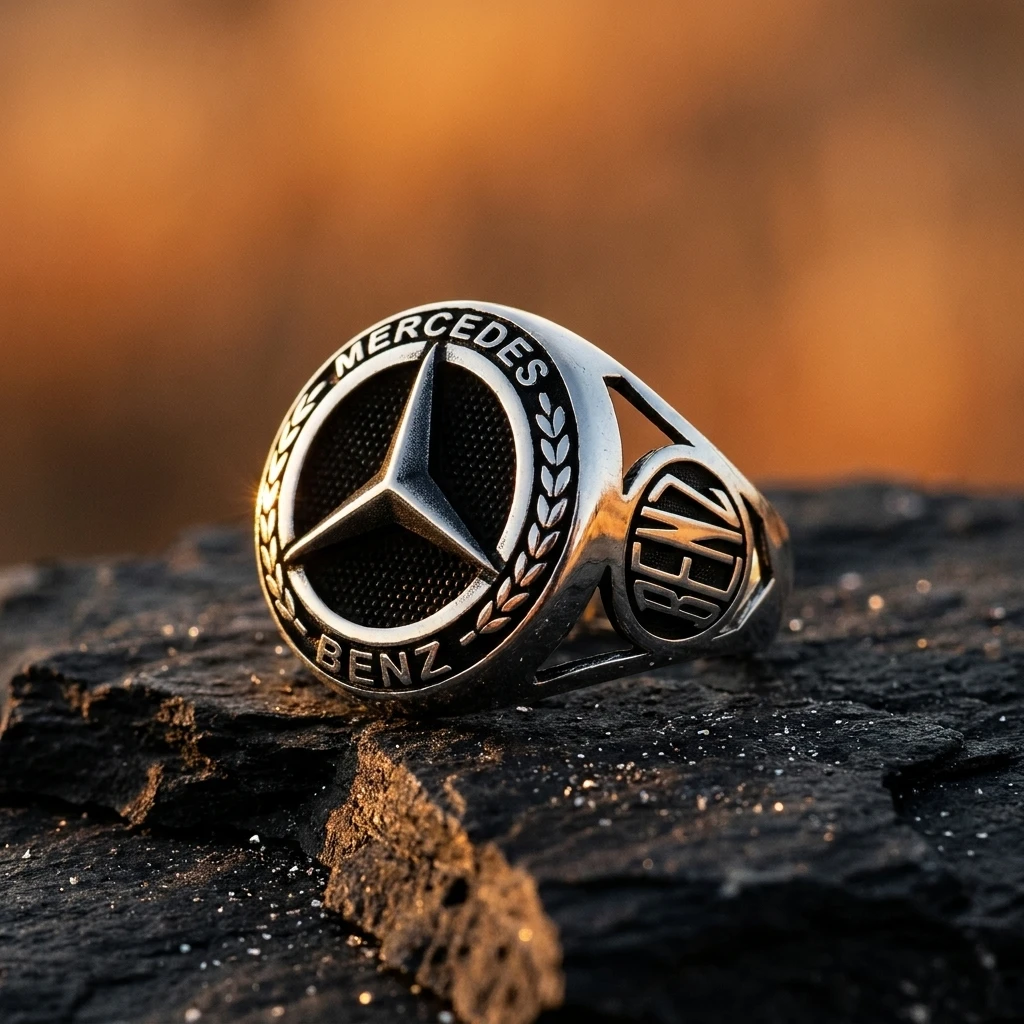 Defne Dalı İşlemeli ve Yanı Mühürlü Mercedes Erkek Yüzüğü ürün görseli