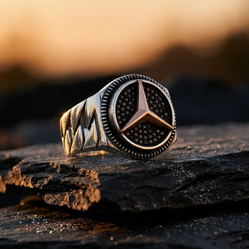 Rose Yıldızlı ve Siyah Taşlı Mercedes Erkek Yüzüğü ürün görseli